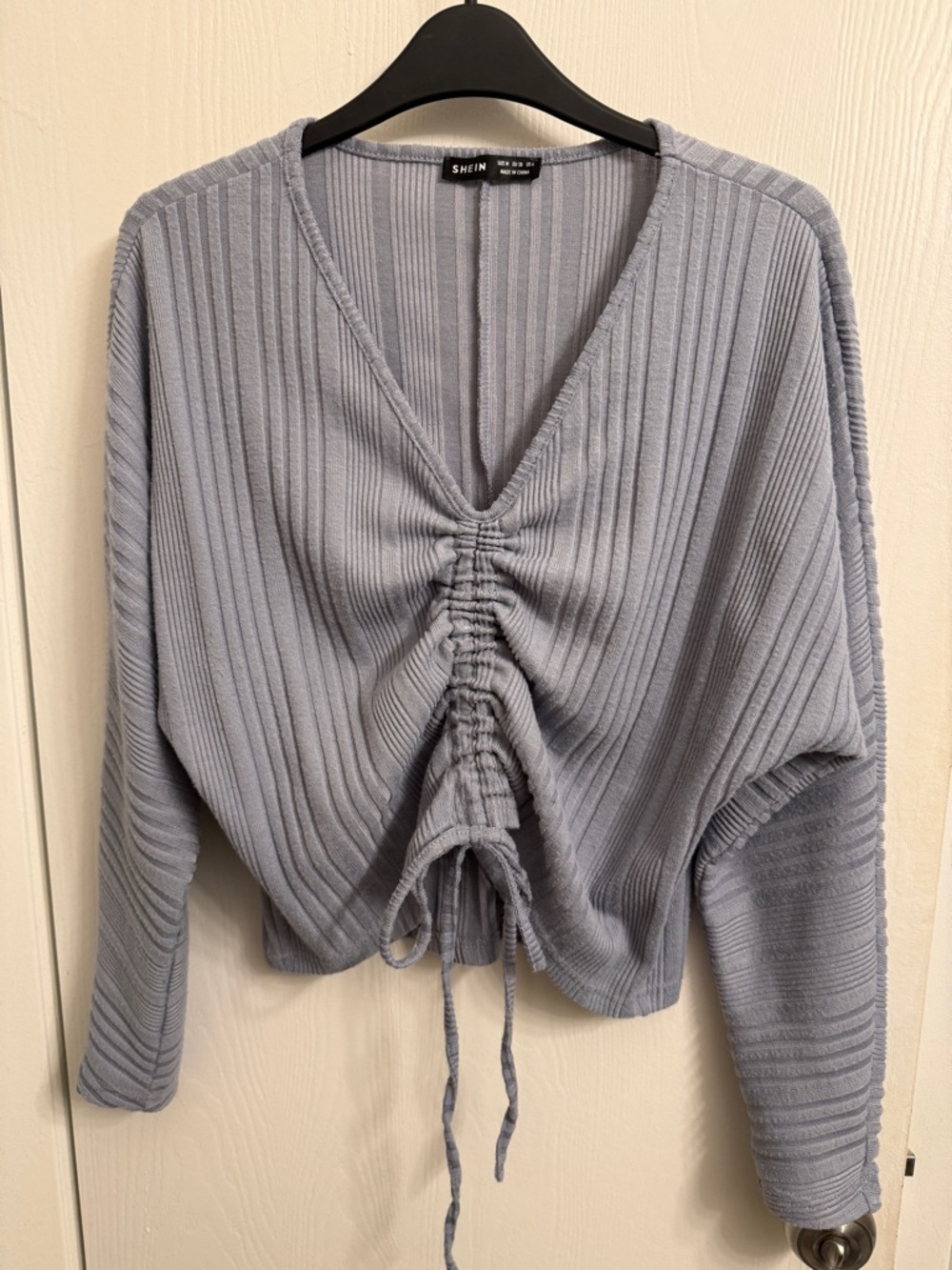 🌻5/$16🌻SHEIN Dusty Blue Ribbed Drawstring V-Neck Sweatshirt
